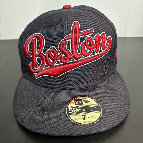 Boston Red Sox Script Baseball MLB New Era 59Fifty Fitted Hat Size 7 1/4 Wool - Picture 1 of 11